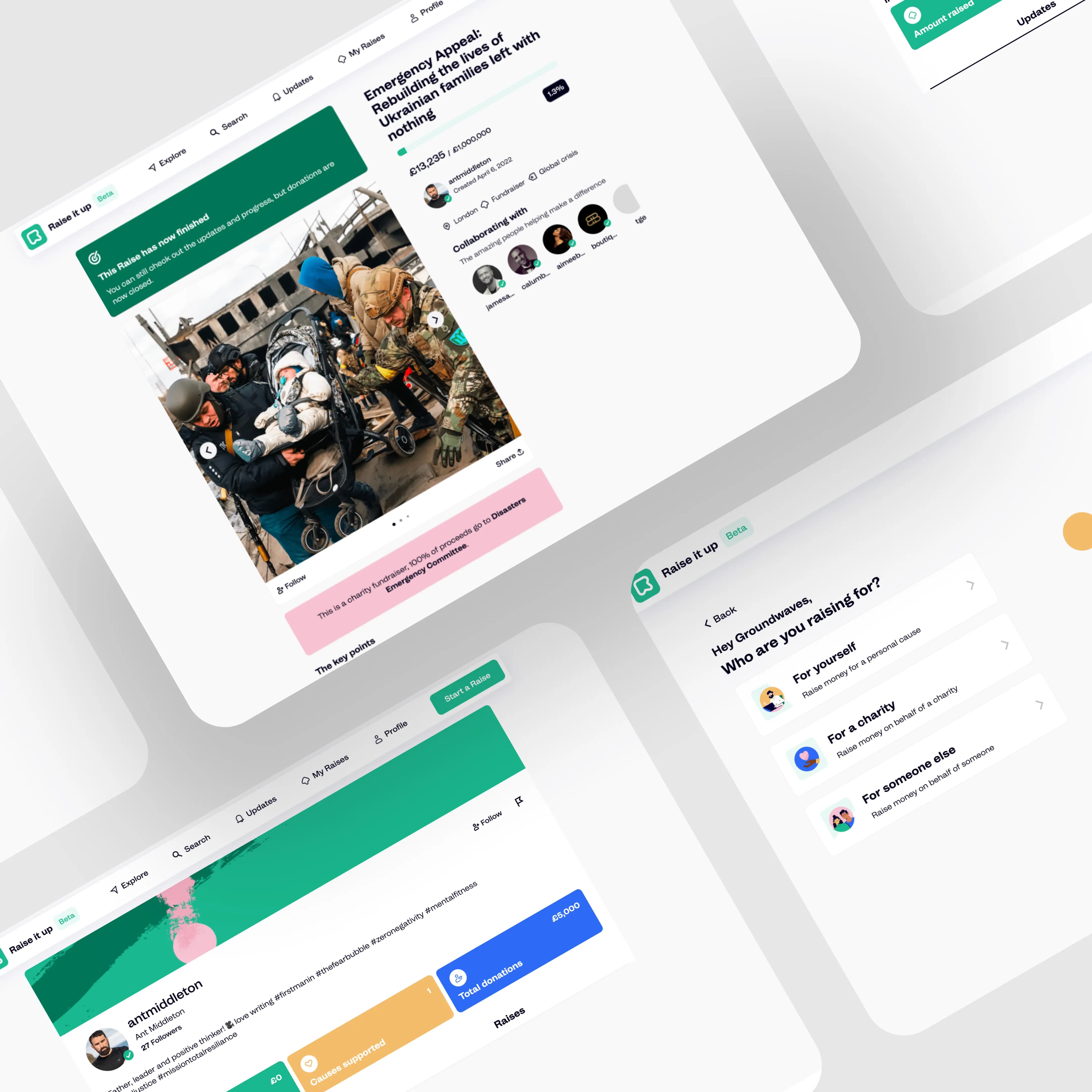 Screenshots of a project, Raise It Up, a fundraising platform